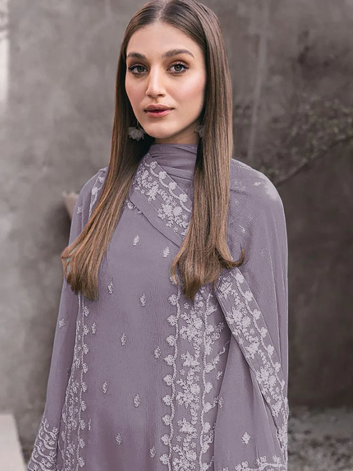 Odette Mauve Georgette Embroidered Semi-Stitched Kurta Set For Women - Image 2