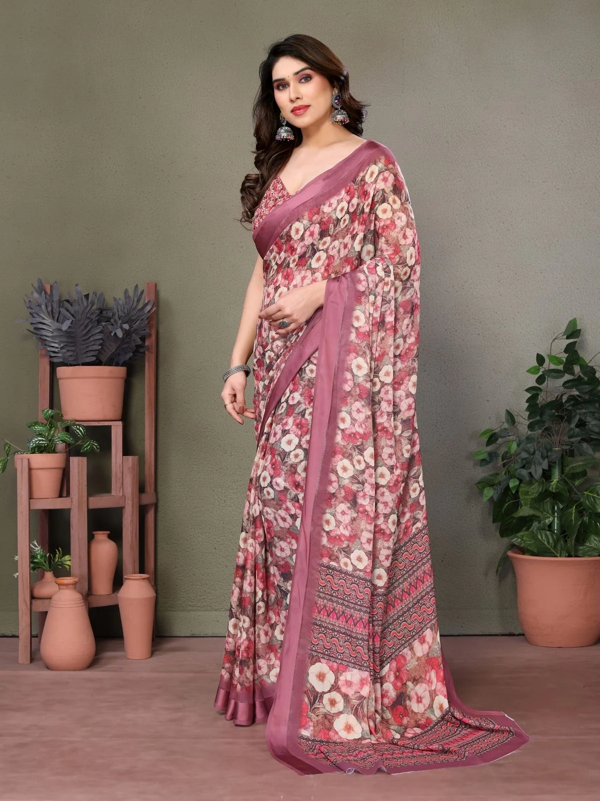 Odette Mauve  Georgette Plain Saree For Women - Image 2