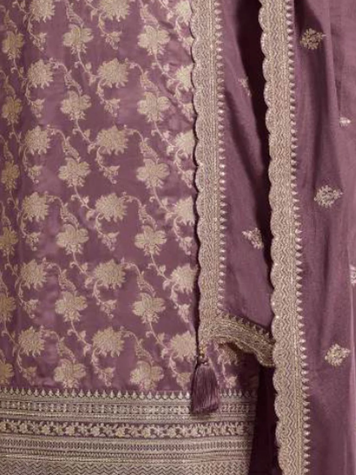 Odette Mauve Jacquard Embroidered Semi Stitched Kurta Set For Women - Image 3