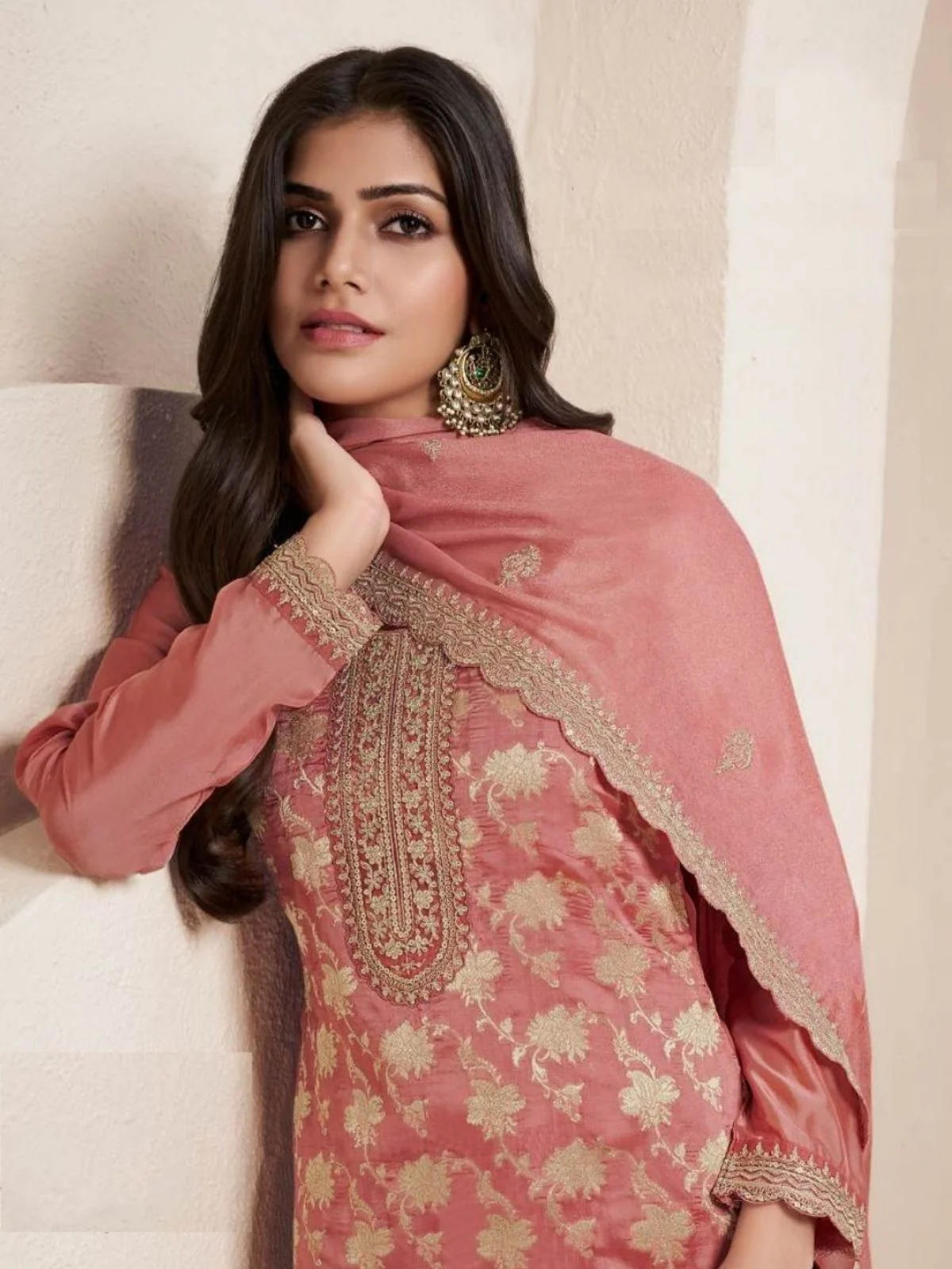 Odette Mauve Jacquard Embroidered Semi Stitched Kurta Set For Women - Image 2