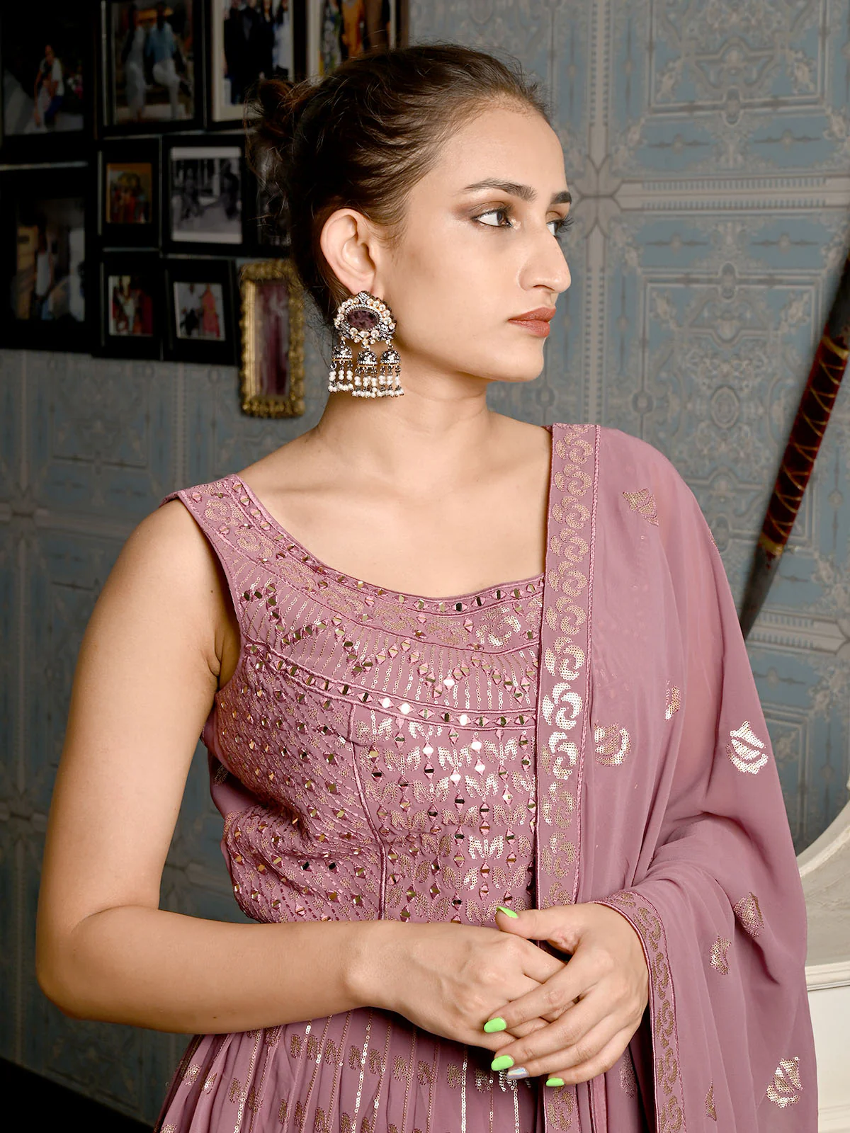 Odette Mauve Kundan Gold-Plated Dangler Earrings For Women - Image 2