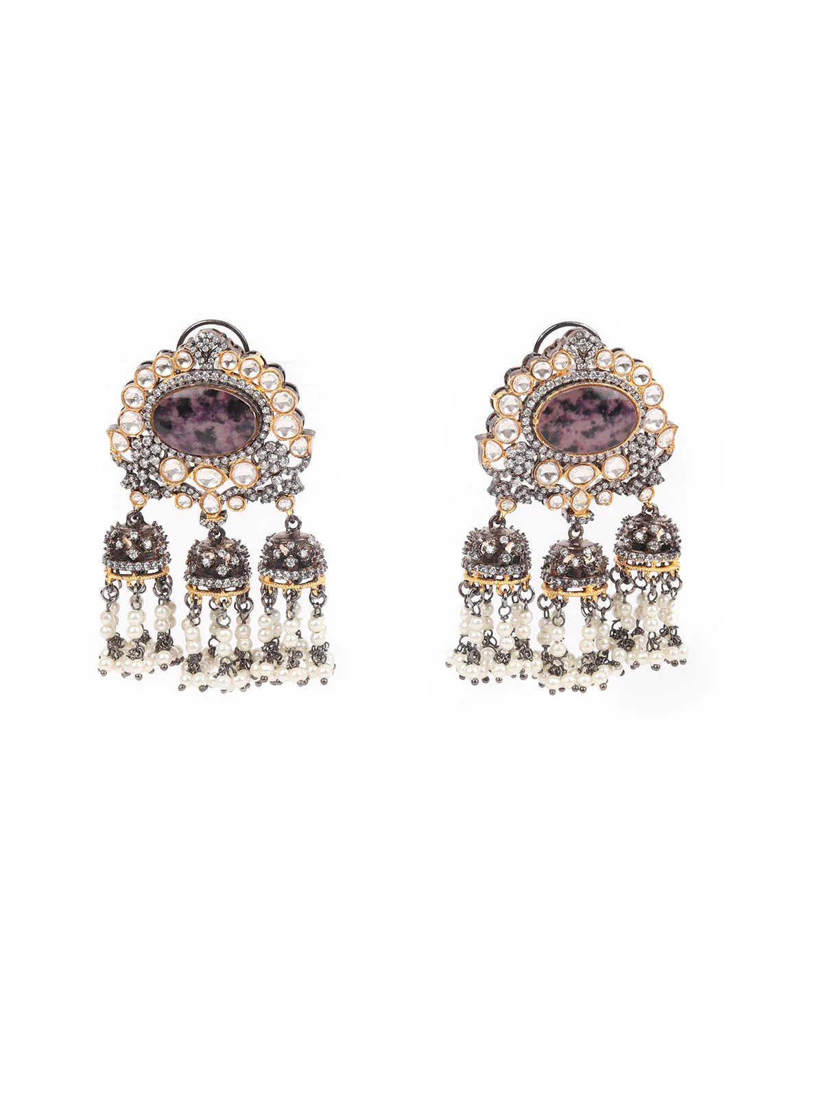 Odette Mauve Kundan Gold-Plated Dangler Earrings For Women - Image 3