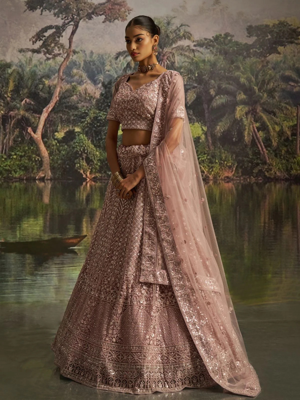 Odette Mauve Net Embellished Semi-Stitched Lehenga For Women - Image 3