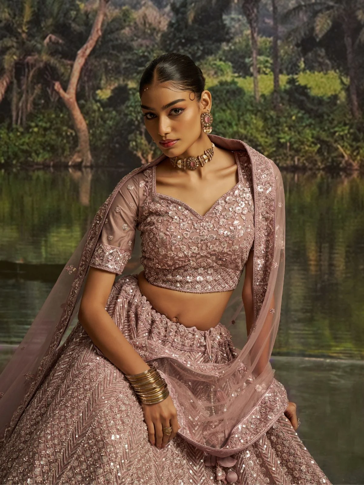 Odette Mauve Net Embellished Semi-Stitched Lehenga For Women - Image 5