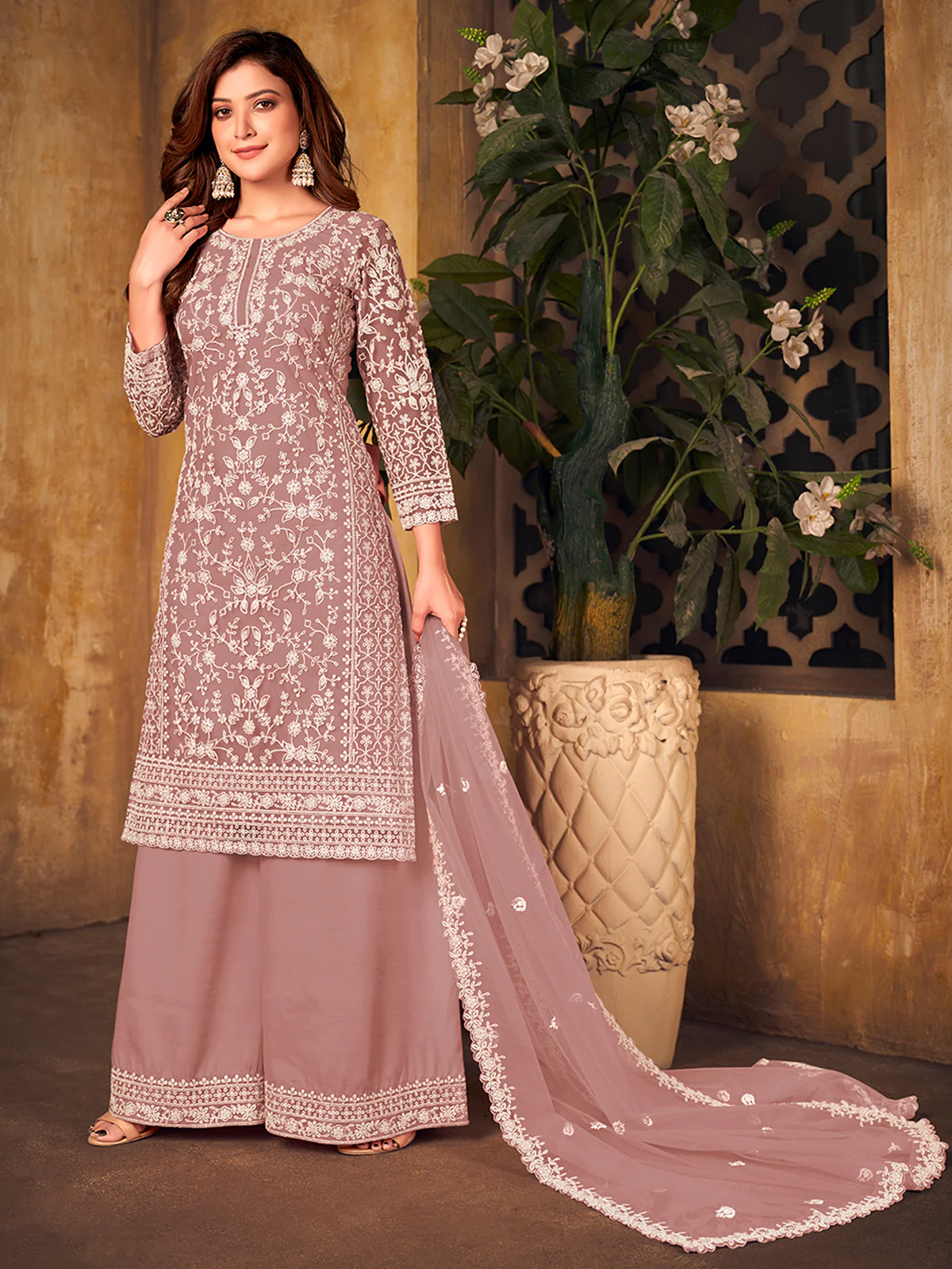 Odette Mauve Net Embroidered Semi stitched Kurta Set with Inner For Women - Image 2