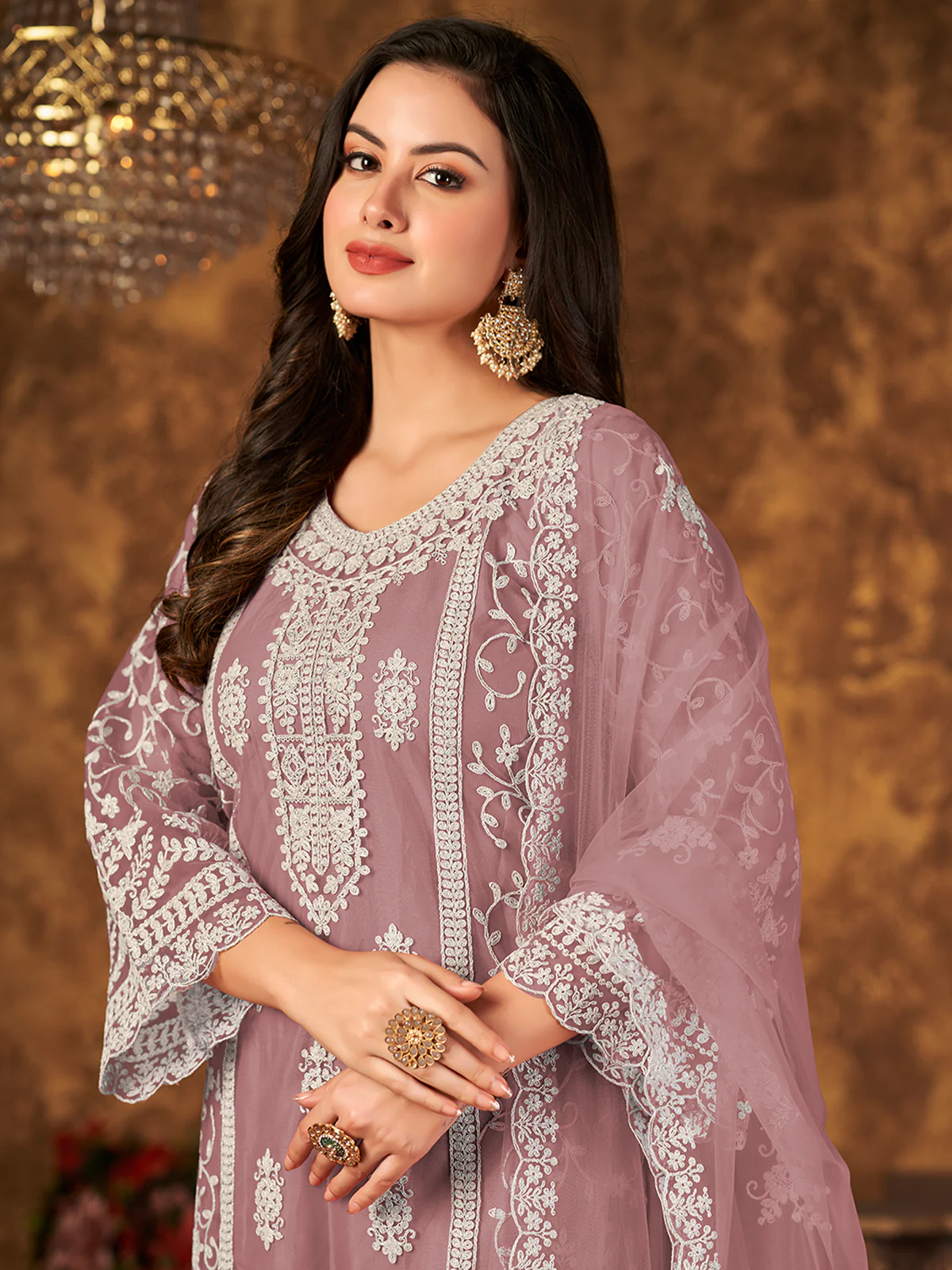 Odette Mauve Net Embroidered Semi stitched Kurta Set with Inner For Women - Image 3