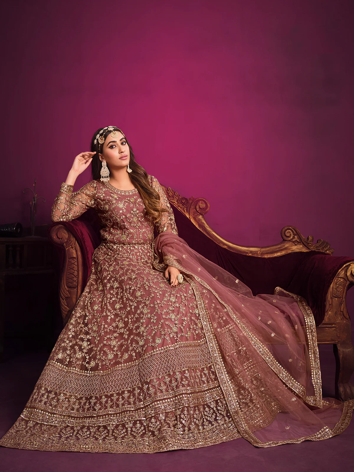 Odette Mauve Net Embroidered Semi stitched Kurta Set With Inner For Women - Image 2
