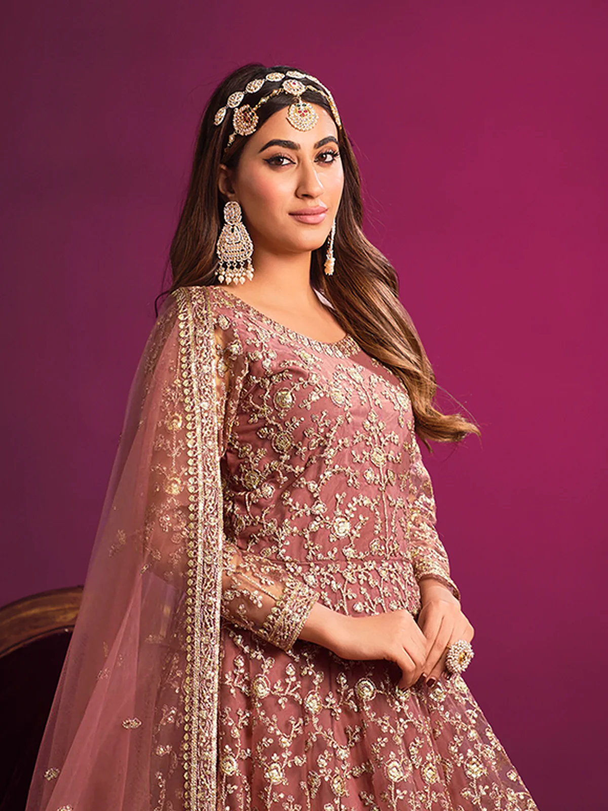 Odette Mauve Net Embroidered Semi stitched Kurta Set With Inner For Women - Image 4