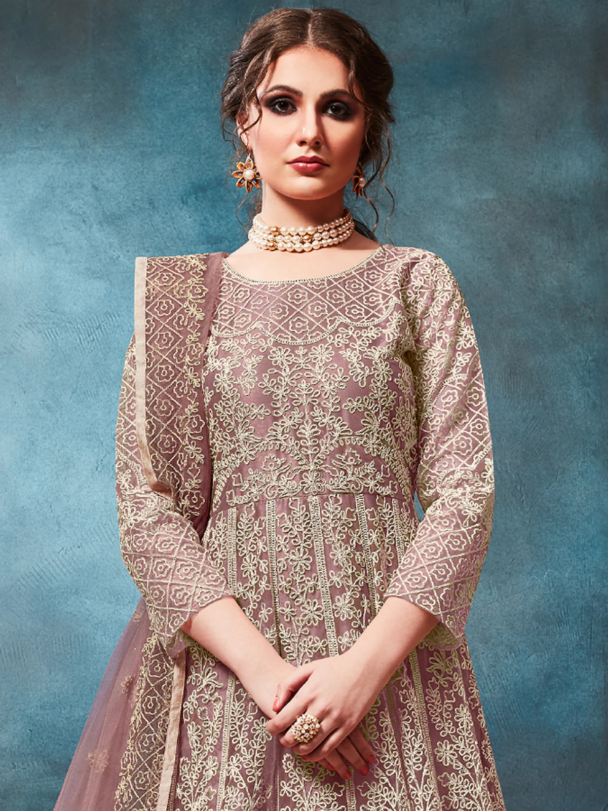 Odette Mauve Net Embroidered Semi stitched Kurta Set with Inner For Women - Image 2
