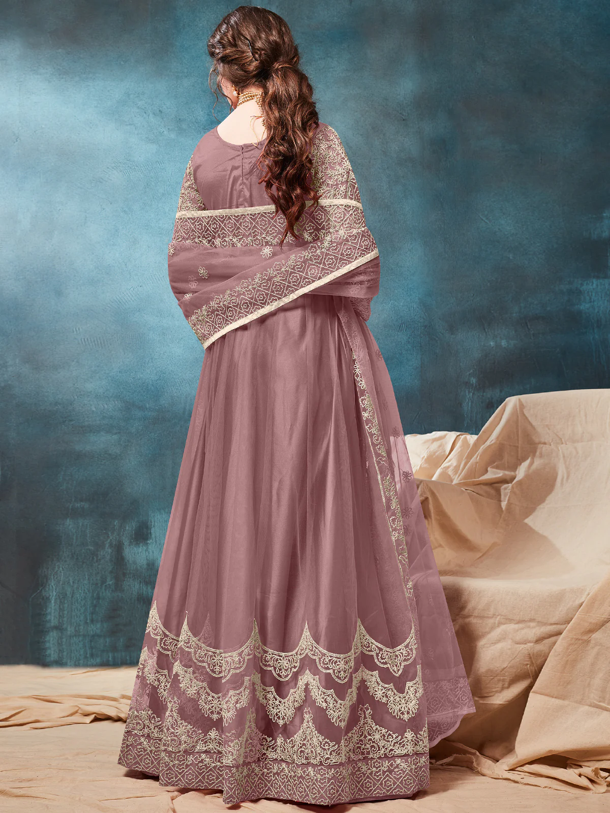 Odette Mauve Net Embroidered Semi stitched Kurta Set with Inner For Women - Image 3