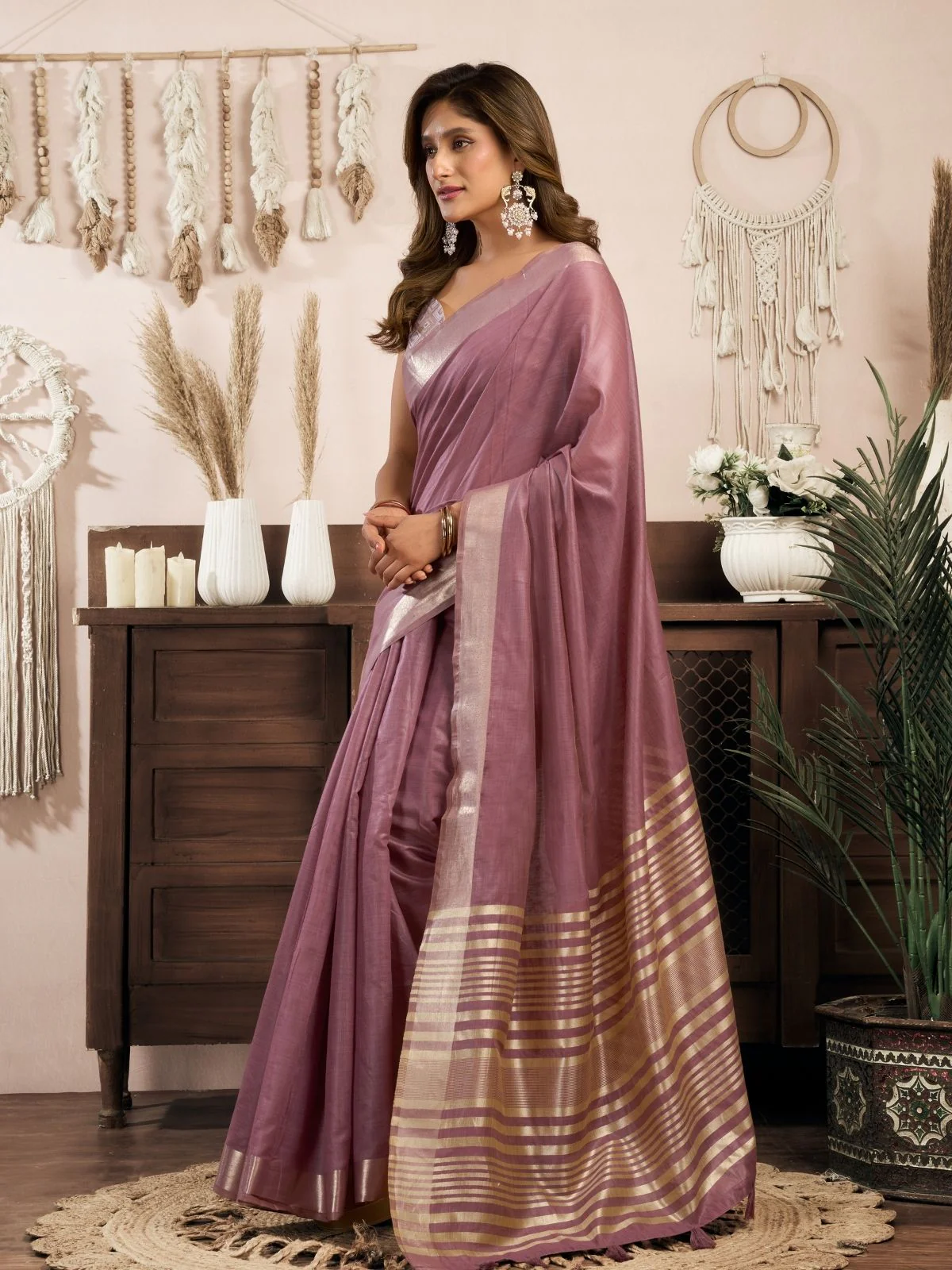 Odette Mauve Pink Cotton Blend Woven Saree For Women - Image 2