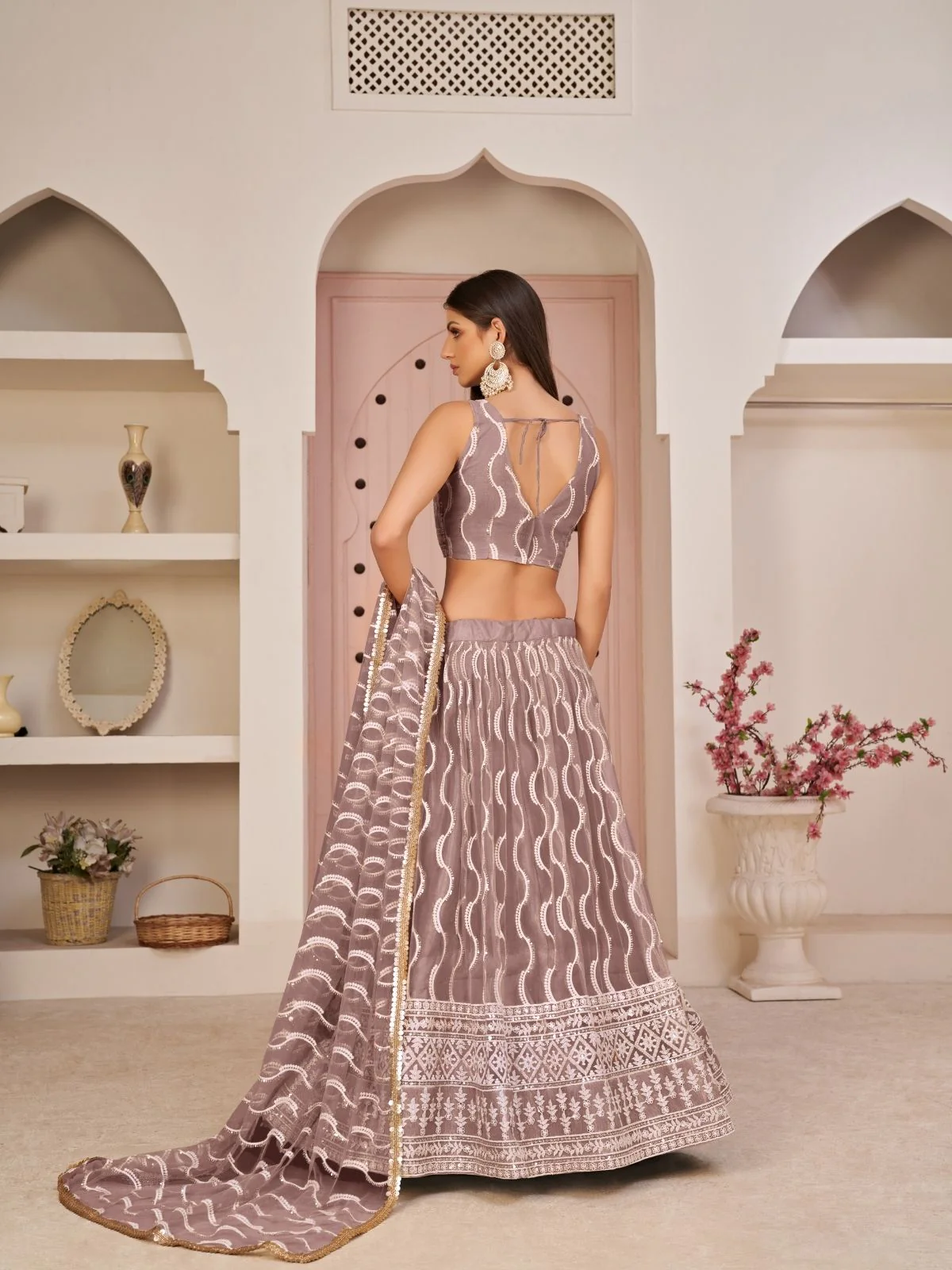 Odette Mauve Pink Net Embroidered Semi Stitched Lehenga For Women - Image 3
