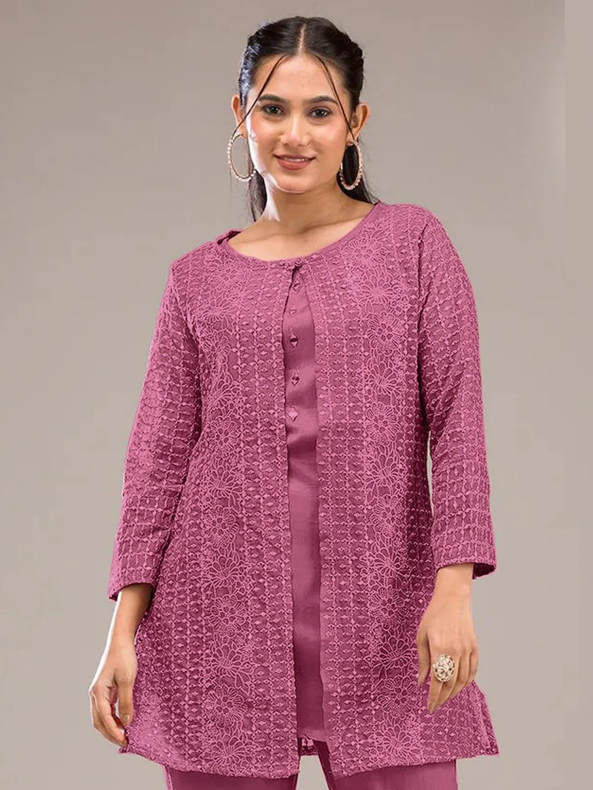 Odette Mauve Pink Poly Crepe Solid Semi Stitched Kurta Set For Women - Image 2