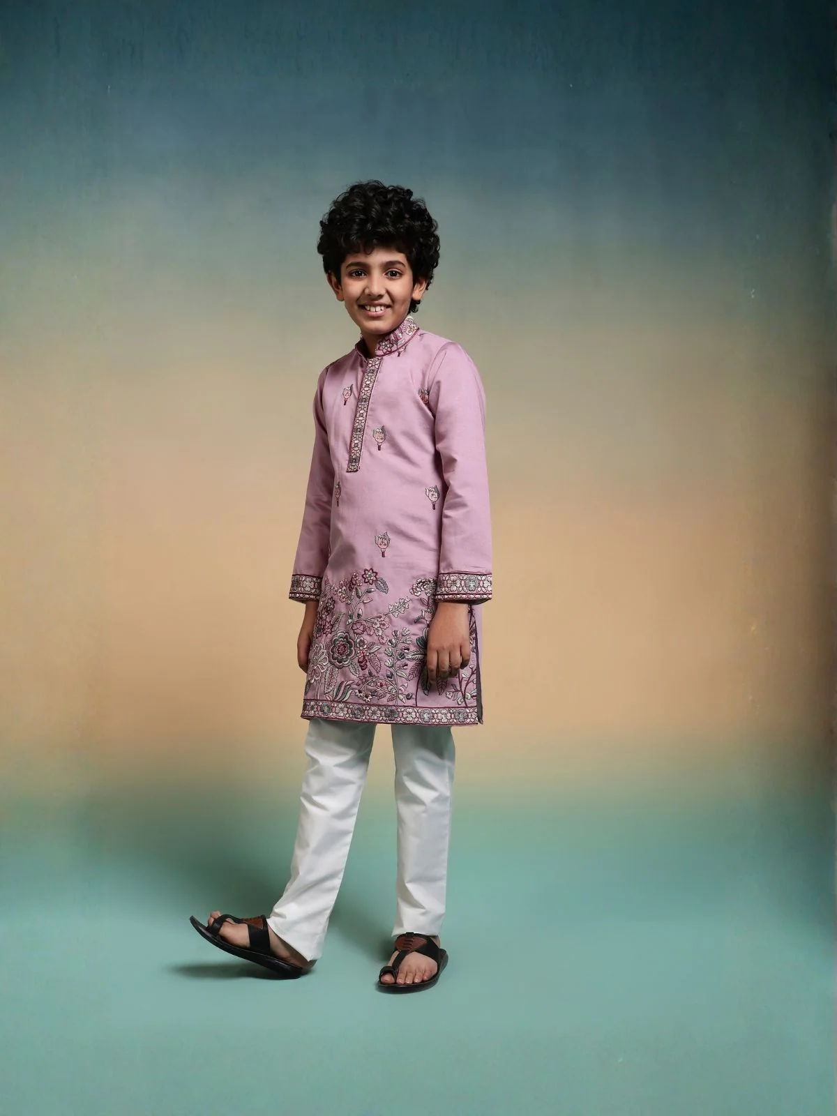 Odette Mauve Pink Viscose Silk Embroidered Stitched Kurta Set For Kids - Image 3