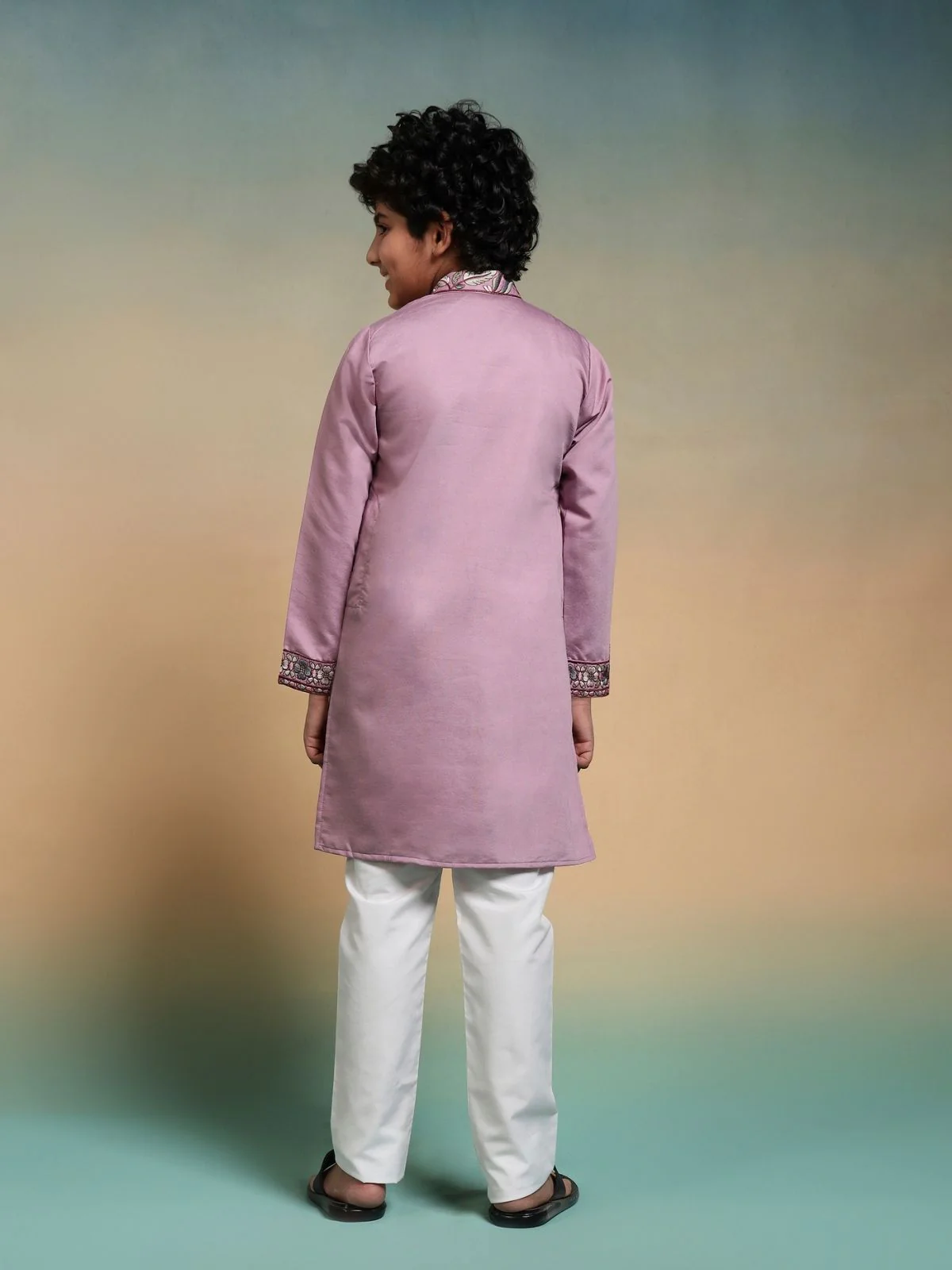 Odette Mauve Pink Viscose Silk Embroidered Stitched Kurta Set For Kids - Image 4