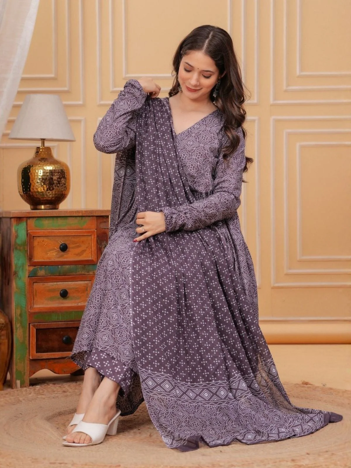 Odette Mauve Rayon Printed Stitched Kurta Set For Women - Image 2
