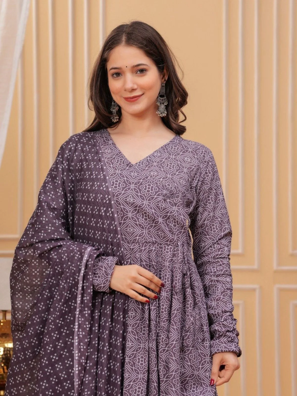 Odette Mauve Rayon Printed Stitched Kurta Set For Women - Image 3