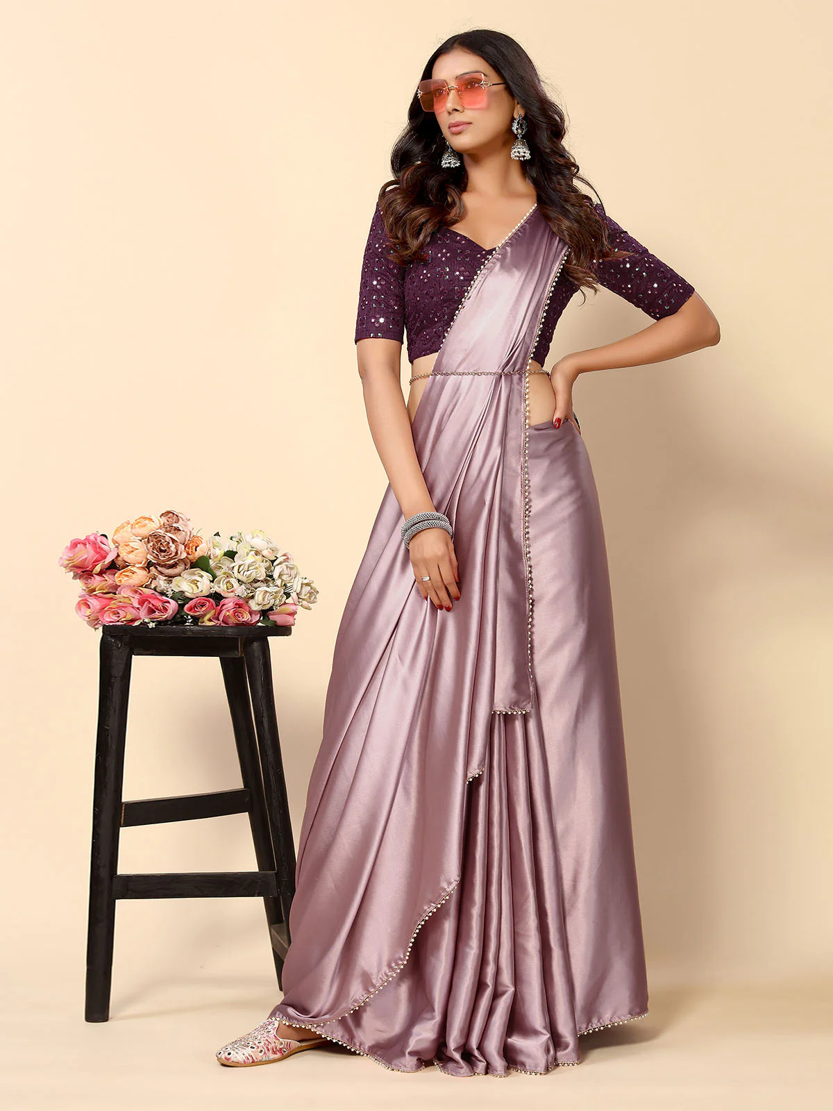 Odette Mauve Satin Embellished Saree With Unstitched Blouse For Women - Image 2