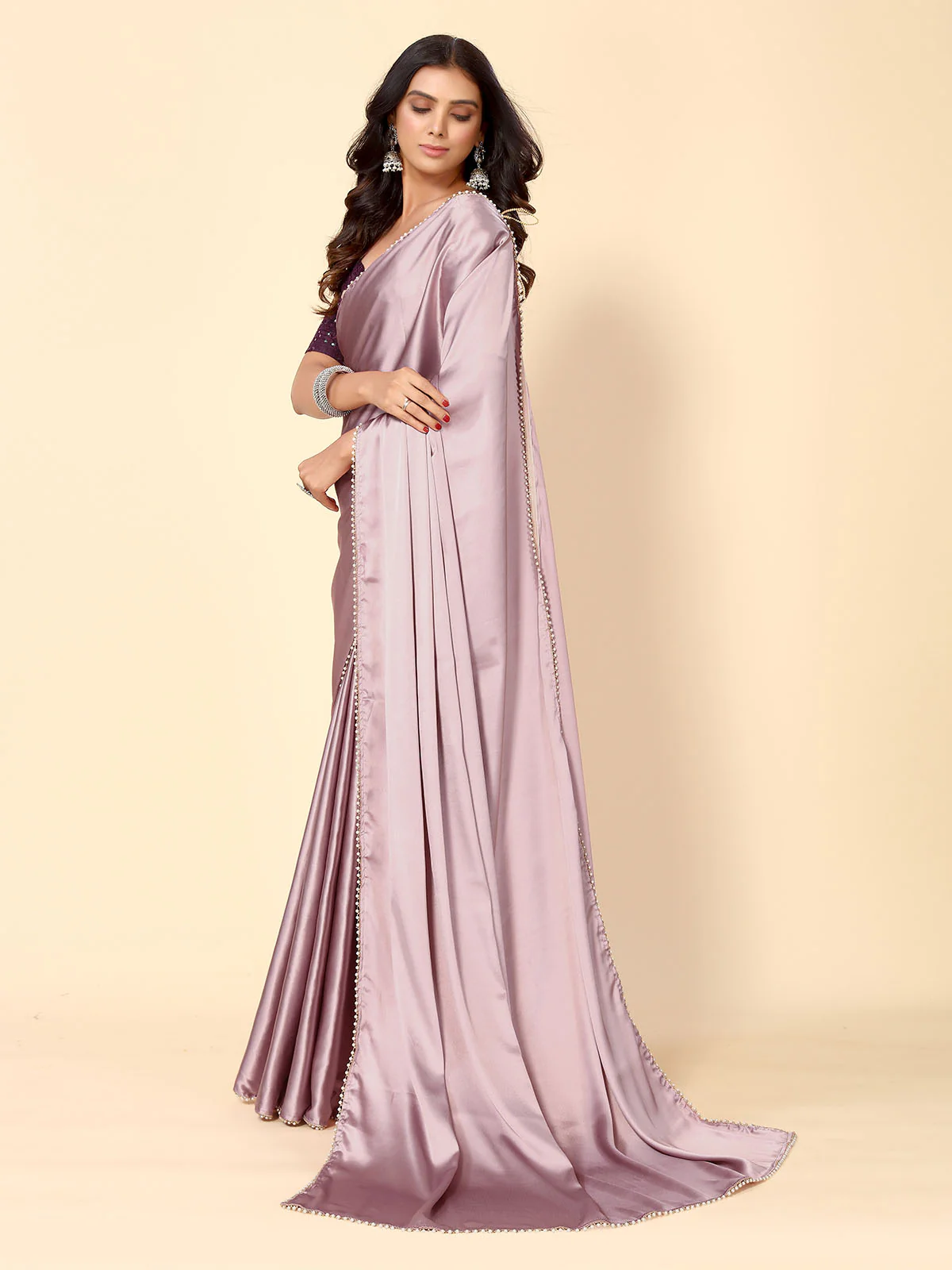 Odette Mauve Satin Embellished Saree With Unstitched Blouse For Women - Image 3
