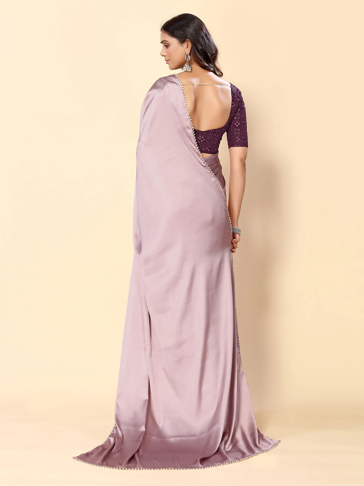 Odette Mauve Satin Embellished Saree With Unstitched Blouse For Women - Image 4