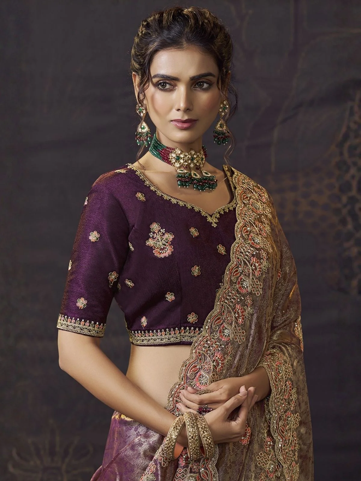 Odette Mauve Satin Embroidered Saree For Women - Image 2
