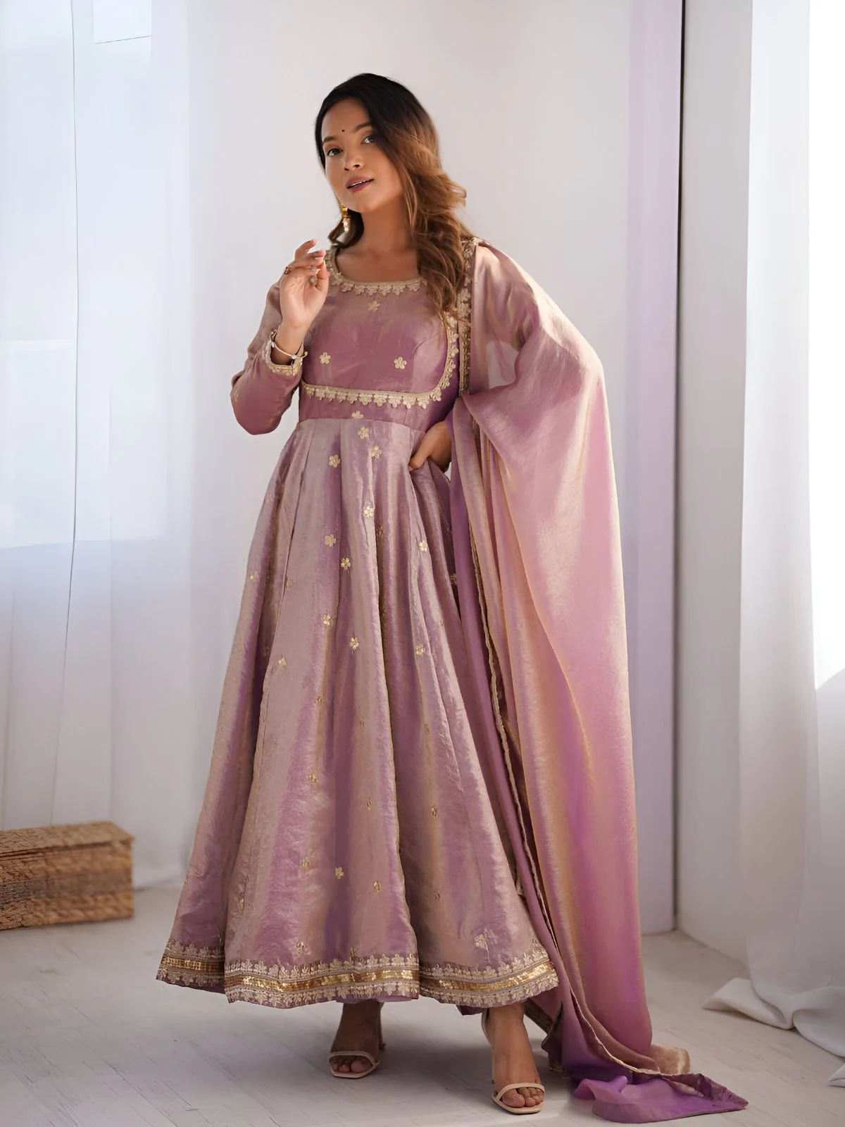 Odette Mauve Satin Silk Embroidered Kurta Set For Women