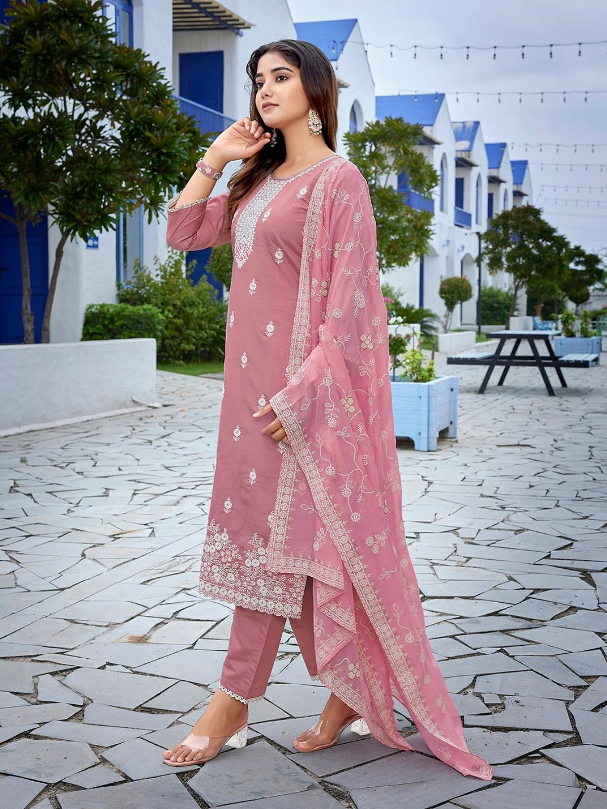 Odette Mauve Silk Blend Embroidered Stiched Kurta Set For Women - Image 2