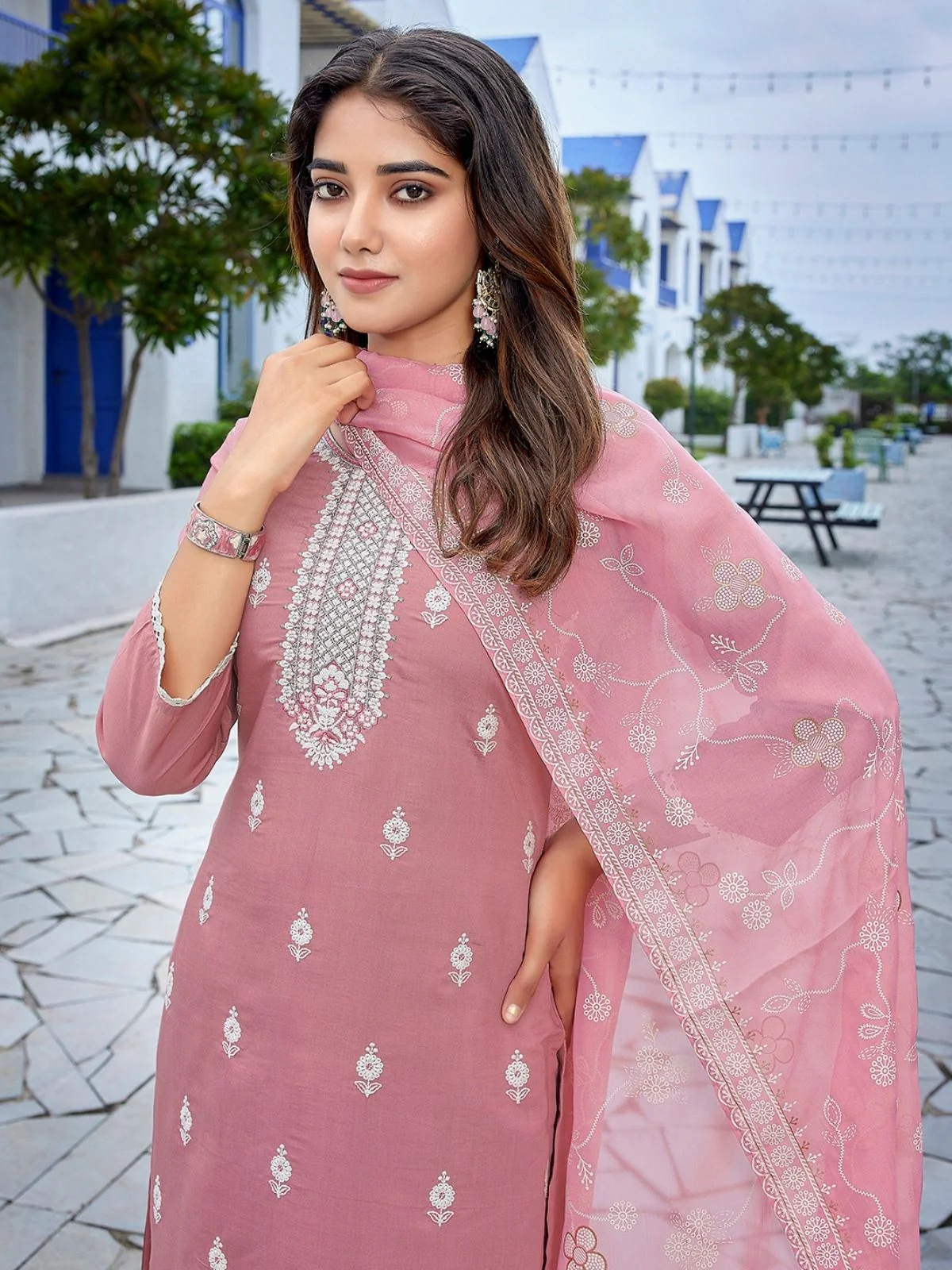 Odette Mauve Silk Blend Embroidered Stiched Kurta Set For Women - Image 4