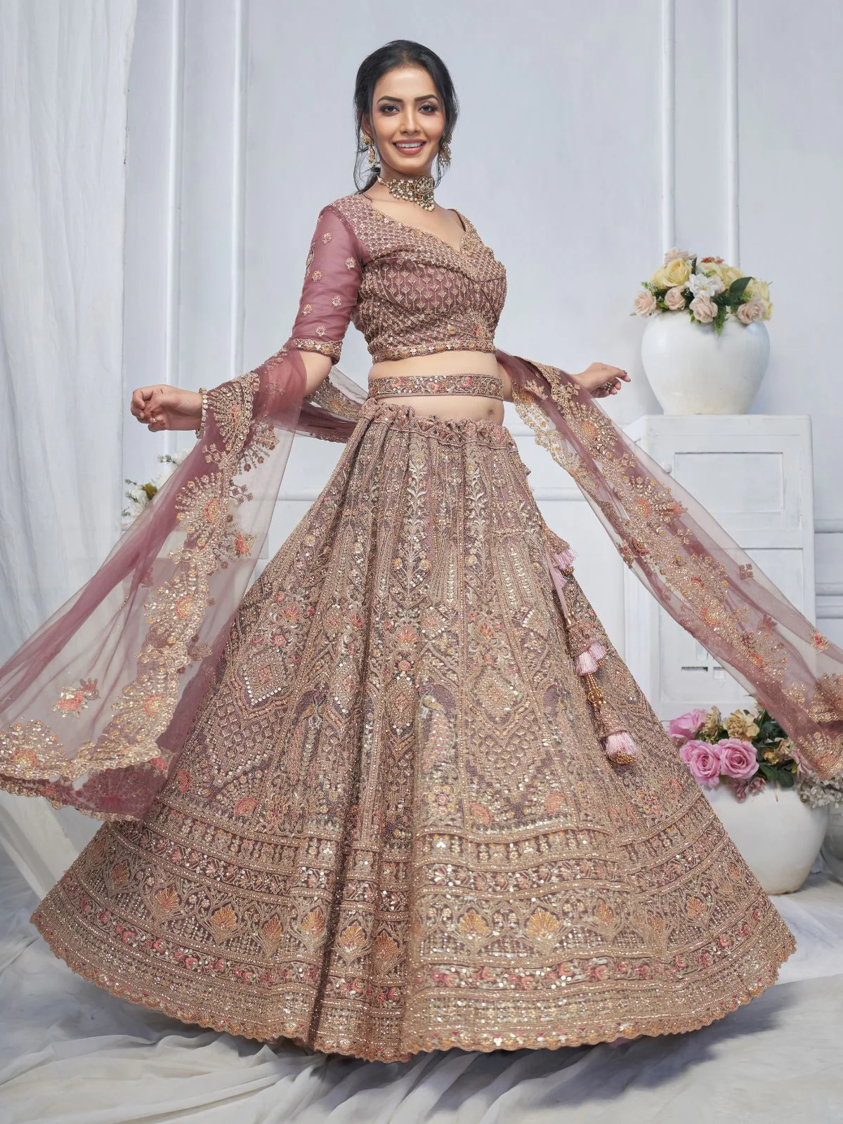 Odette Mauve Soft Net Embroidered Semi-Stitched Lehenga With Unstitched Blouse For Women - Image 3