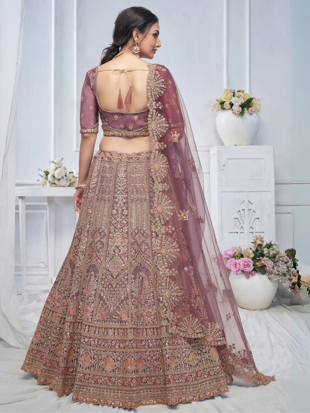 Odette Mauve Soft Net Embroidered Semi-Stitched Lehenga With Unstitched Blouse For Women - Image 4