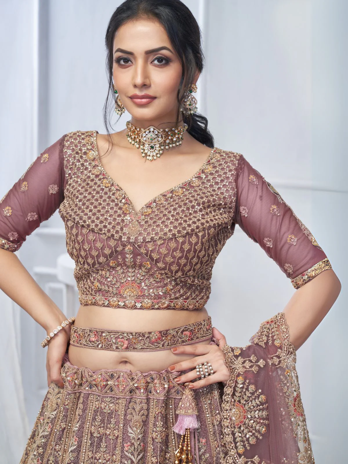 Odette Mauve Soft Net Embroidered Semi-Stitched Lehenga With Unstitched Blouse For Women - Image 5