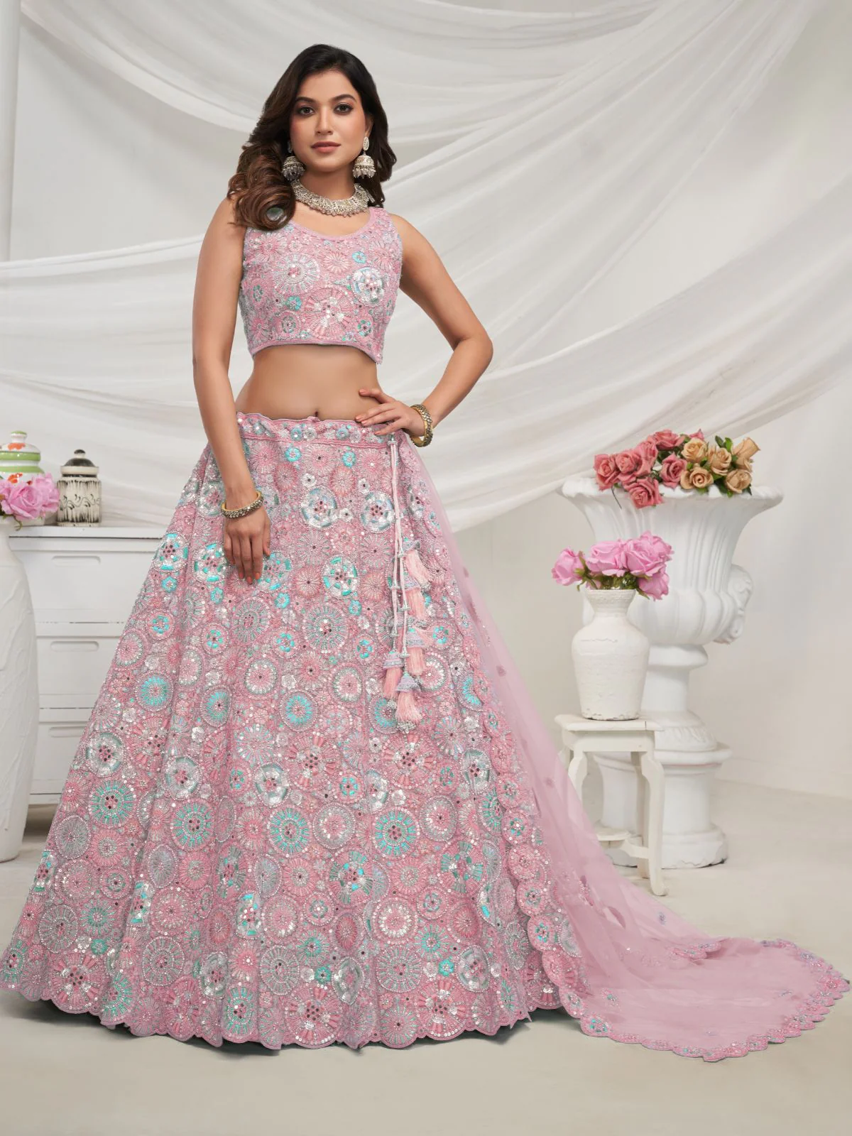 Odette Mauve Soft Net Embroidered Semi Stitched Lehenga With Unstitched Blouse For Women - Image 2
