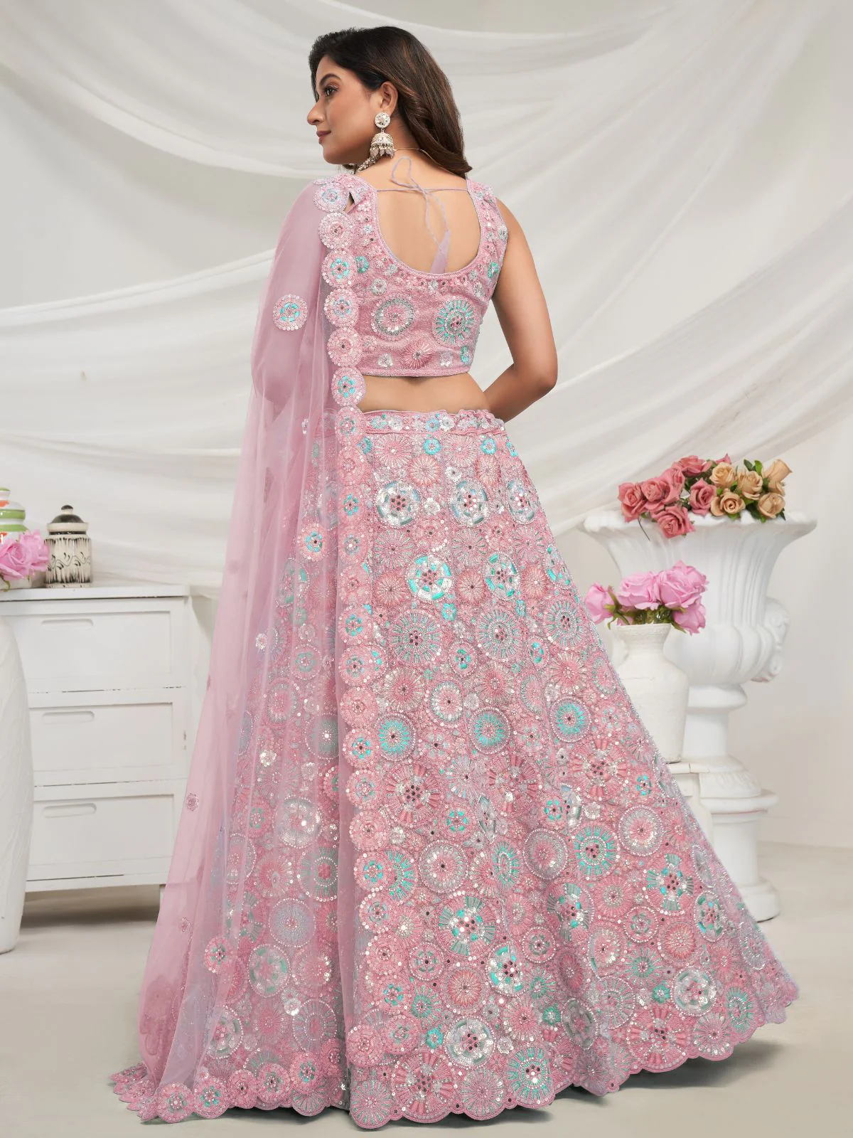 Odette Mauve Soft Net Embroidered Semi Stitched Lehenga With Unstitched Blouse For Women - Image 4