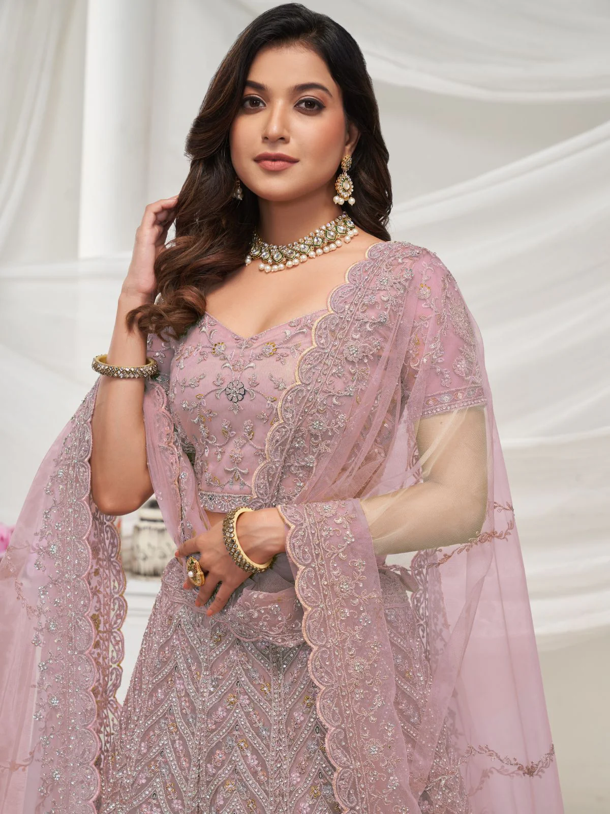 Odette Mauve Soft Net Embroidered Semi Stitched Lehenga With Unstitched Blouse For Women - Image 3