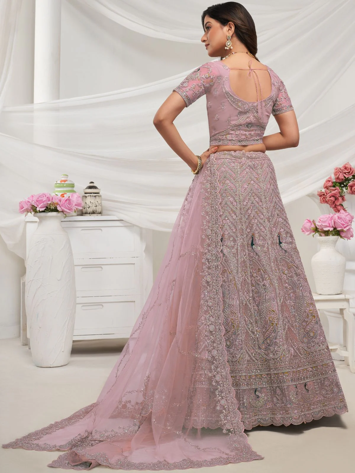 Odette Mauve Soft Net Embroidered Semi Stitched Lehenga With Unstitched Blouse For Women - Image 5