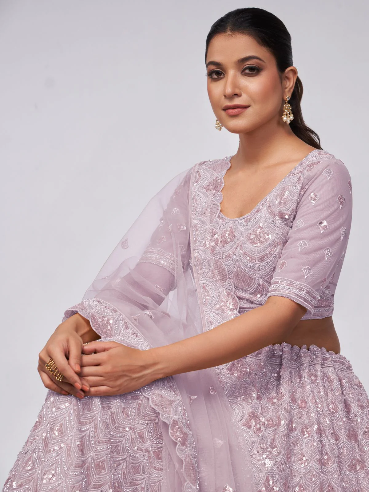 Odette Mauve Soft Net Embroidered Semi Stitched Lehenga With Unstitched Blouse For Women - Image 4