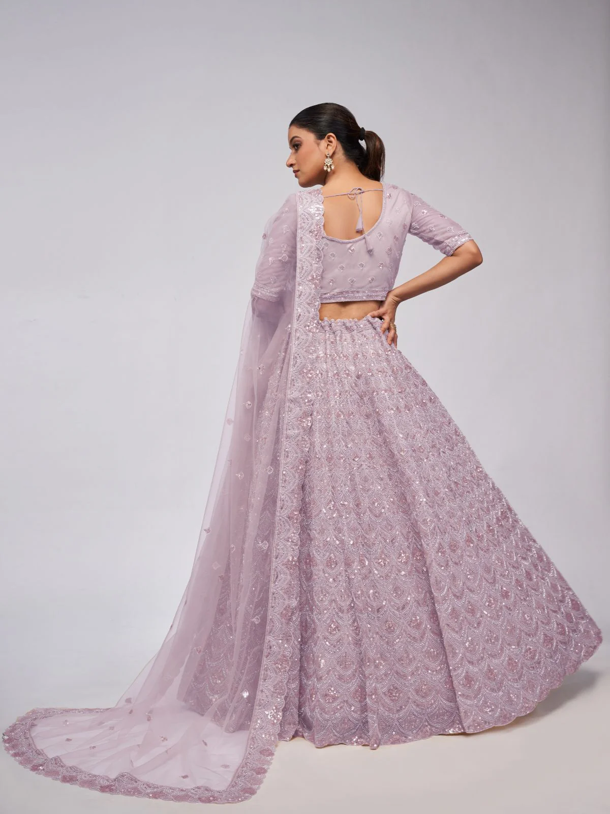 Odette Mauve Soft Net Embroidered Semi Stitched Lehenga With Unstitched Blouse For Women - Image 5