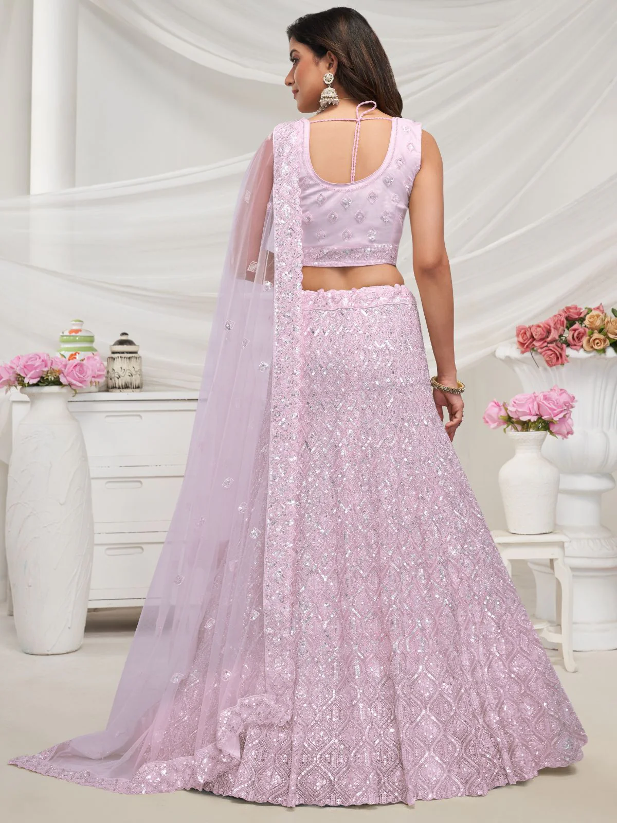 Odette Mauve Soft Net Embroidered Semi Stitched Lehenga With Unstitched Blouse For Women - Image 5