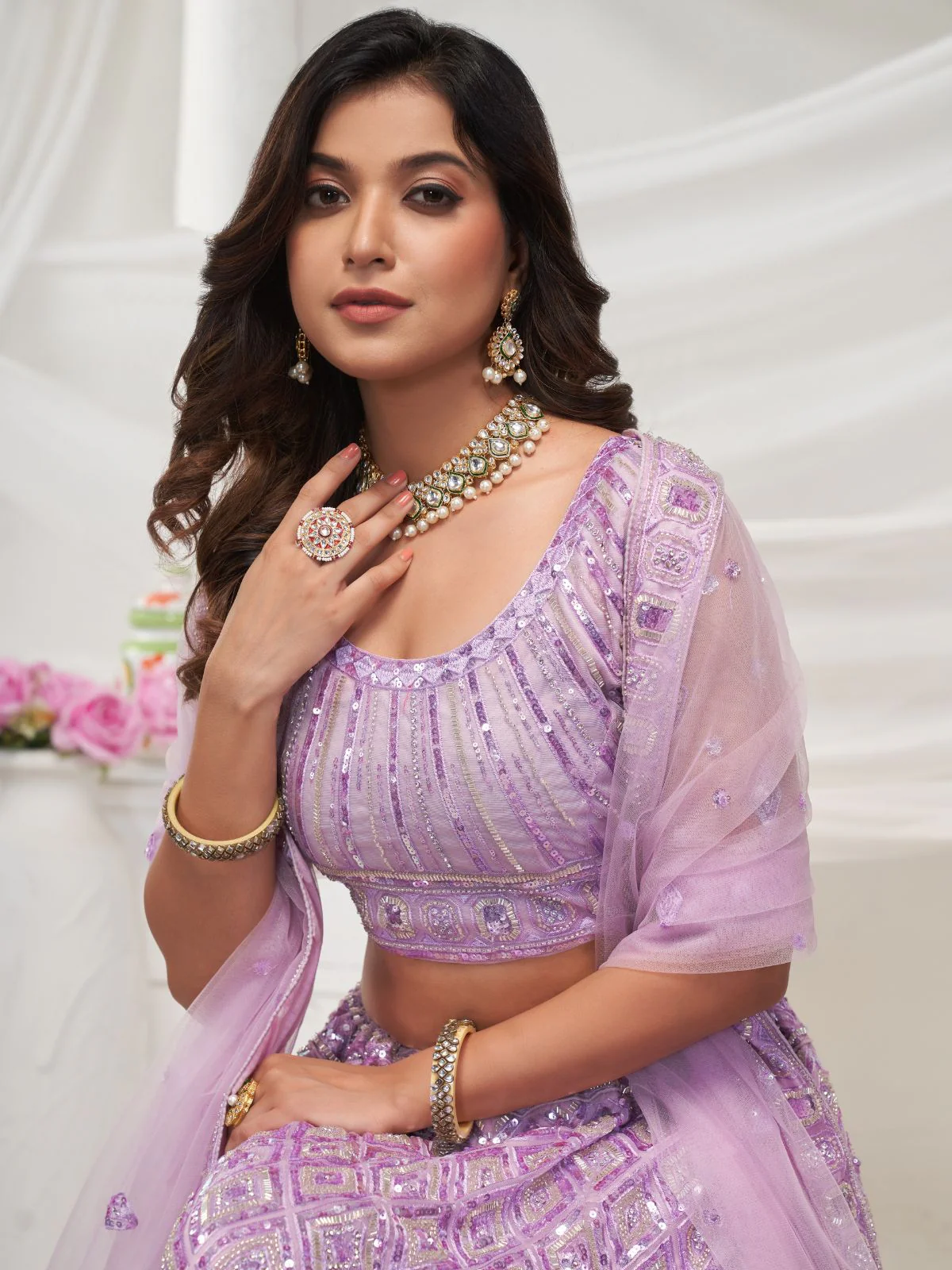 Odette Mauve Soft Net Embroidered Semi Stitched Lehenga With Unstitched Blouse For Women - Image 4
