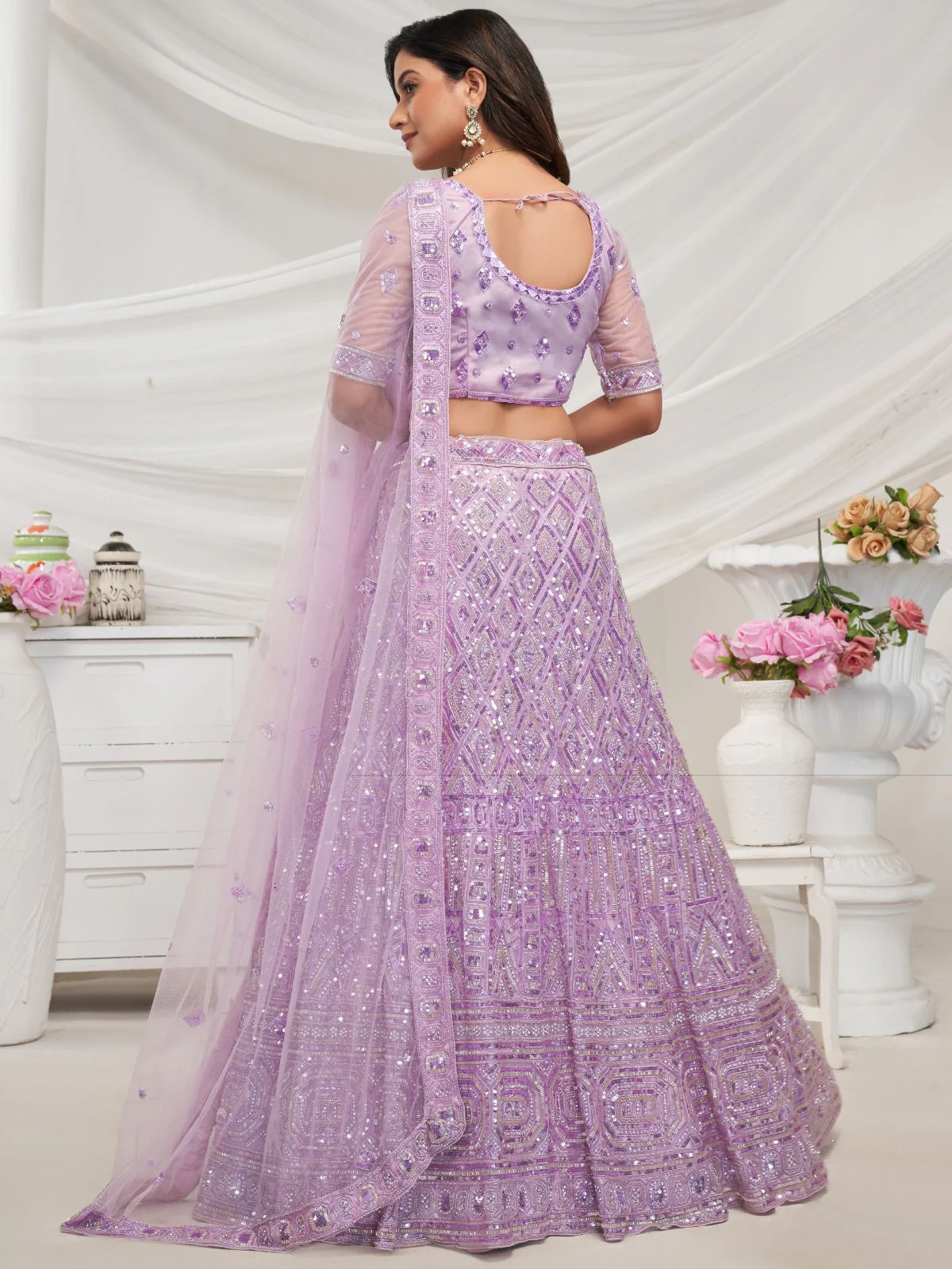 Odette Mauve Soft Net Embroidered Semi Stitched Lehenga With Unstitched Blouse For Women - Image 5