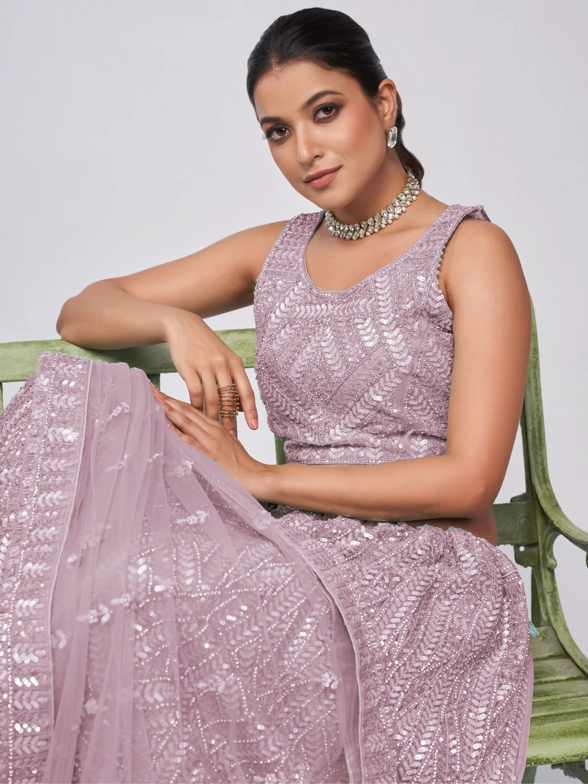 Odette Mauve Soft Net Embroidered Semi Stitched Lehenga With Unstitched Blouse For Women - Image 4