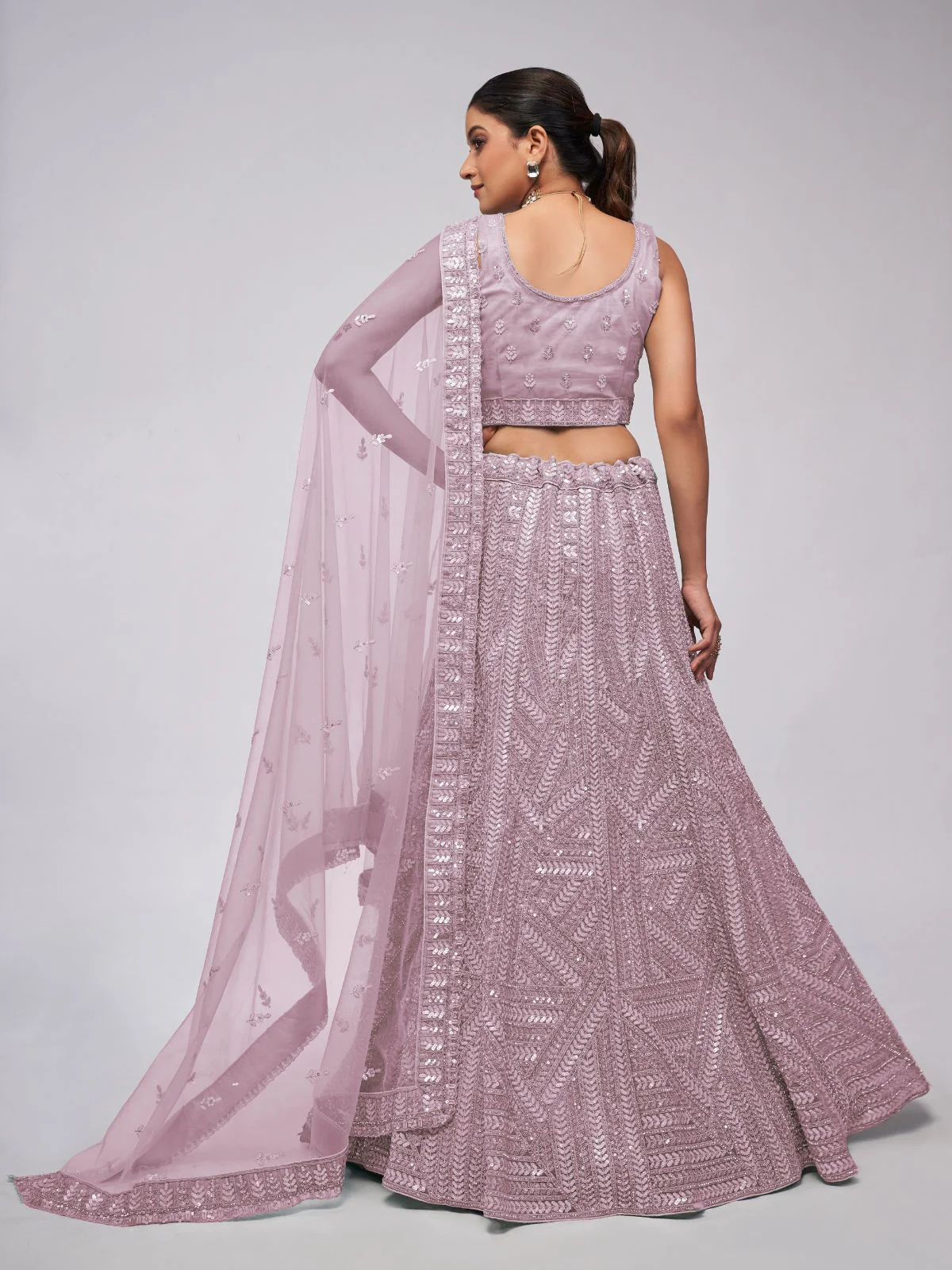 Odette Mauve Soft Net Embroidered Semi Stitched Lehenga With Unstitched Blouse For Women - Image 5