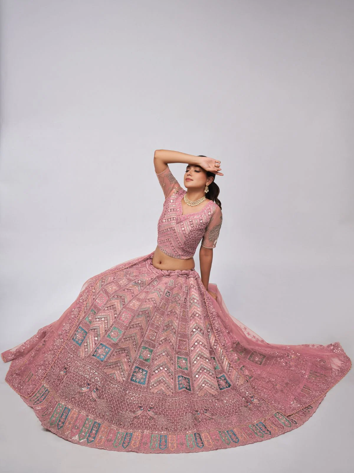 Odette Mauve Soft Net Embroidered Semi Stitched Lehenga With Unstitched Blouse For Women - Image 2