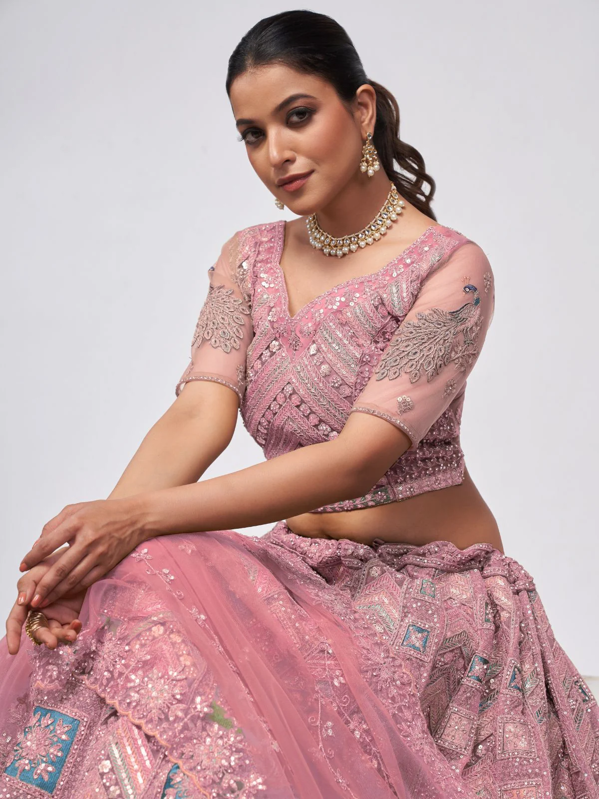 Odette Mauve Soft Net Embroidered Semi Stitched Lehenga With Unstitched Blouse For Women - Image 3