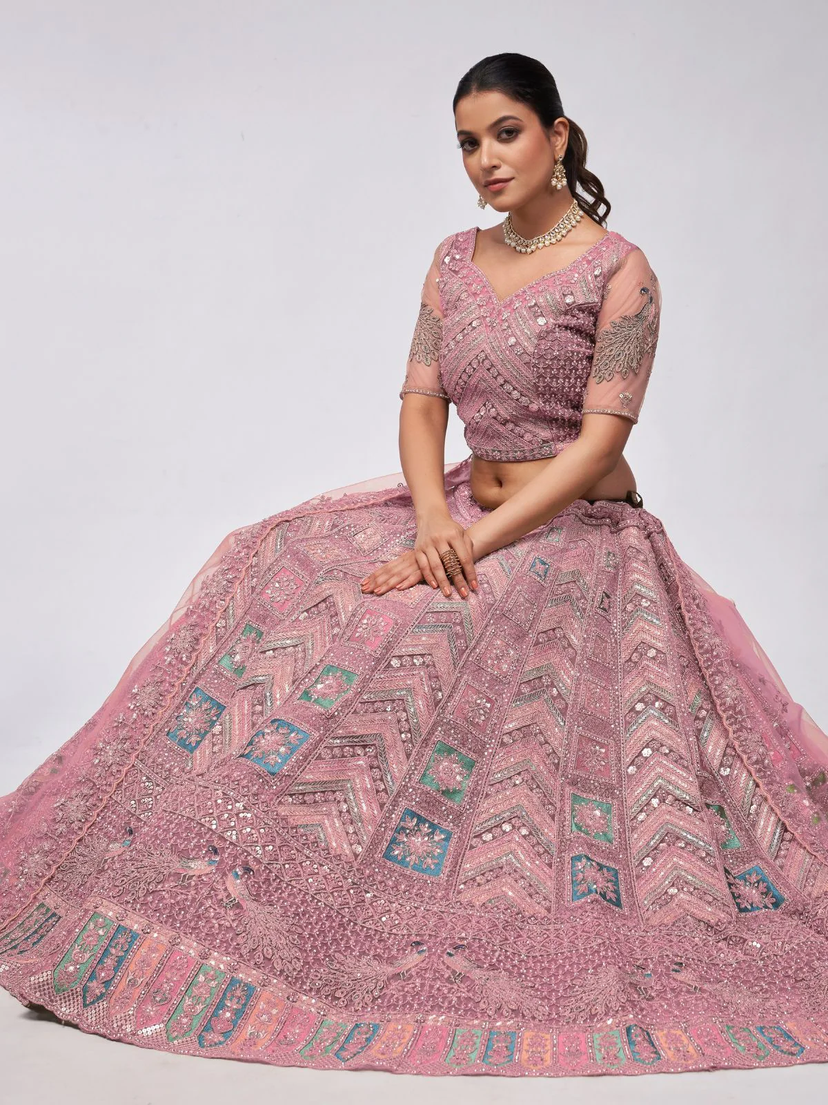 Odette Mauve Soft Net Embroidered Semi Stitched Lehenga With Unstitched Blouse For Women - Image 4