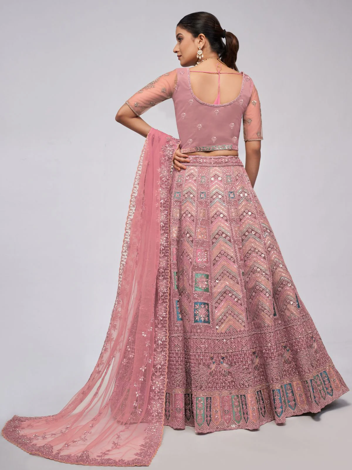 Odette Mauve Soft Net Embroidered Semi Stitched Lehenga With Unstitched Blouse For Women - Image 5
