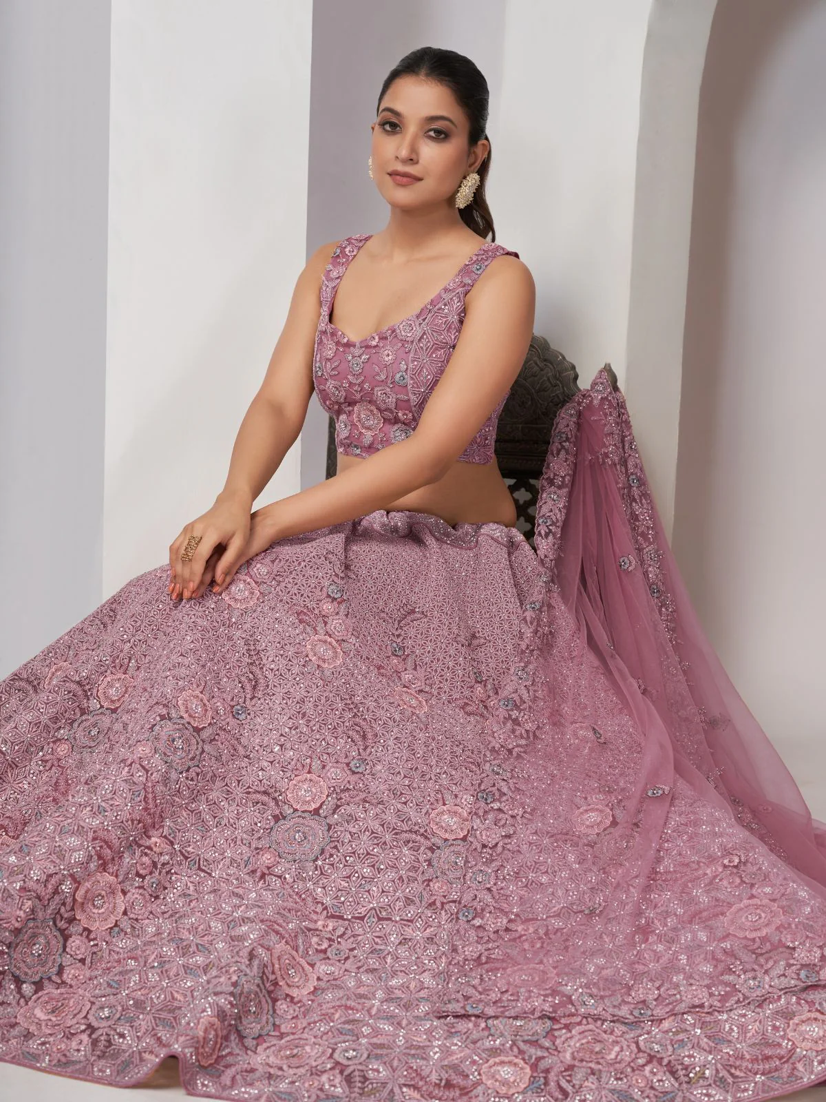 Odette Mauve Soft Net Embroidered Semi Stitched Lehenga With Unstitched Blouse For Women - Image 3