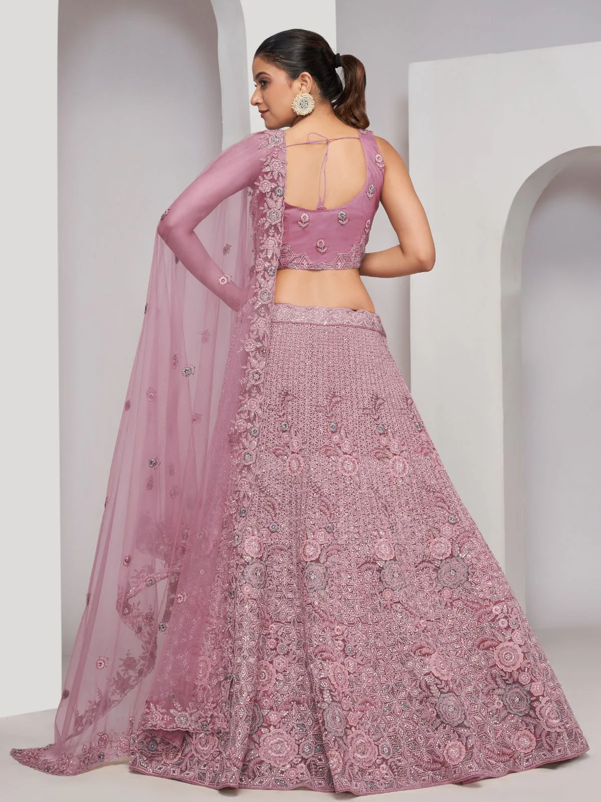 Odette Mauve Soft Net Embroidered Semi Stitched Lehenga With Unstitched Blouse For Women - Image 4