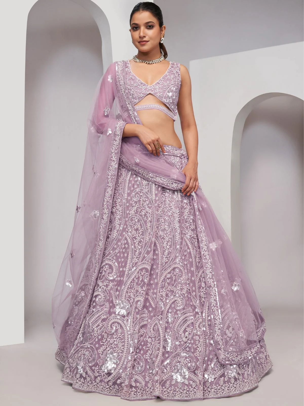 Odette Mauve Soft Net Embroidered Semi Stitched Lehenga With Unstitched Blouse For Women