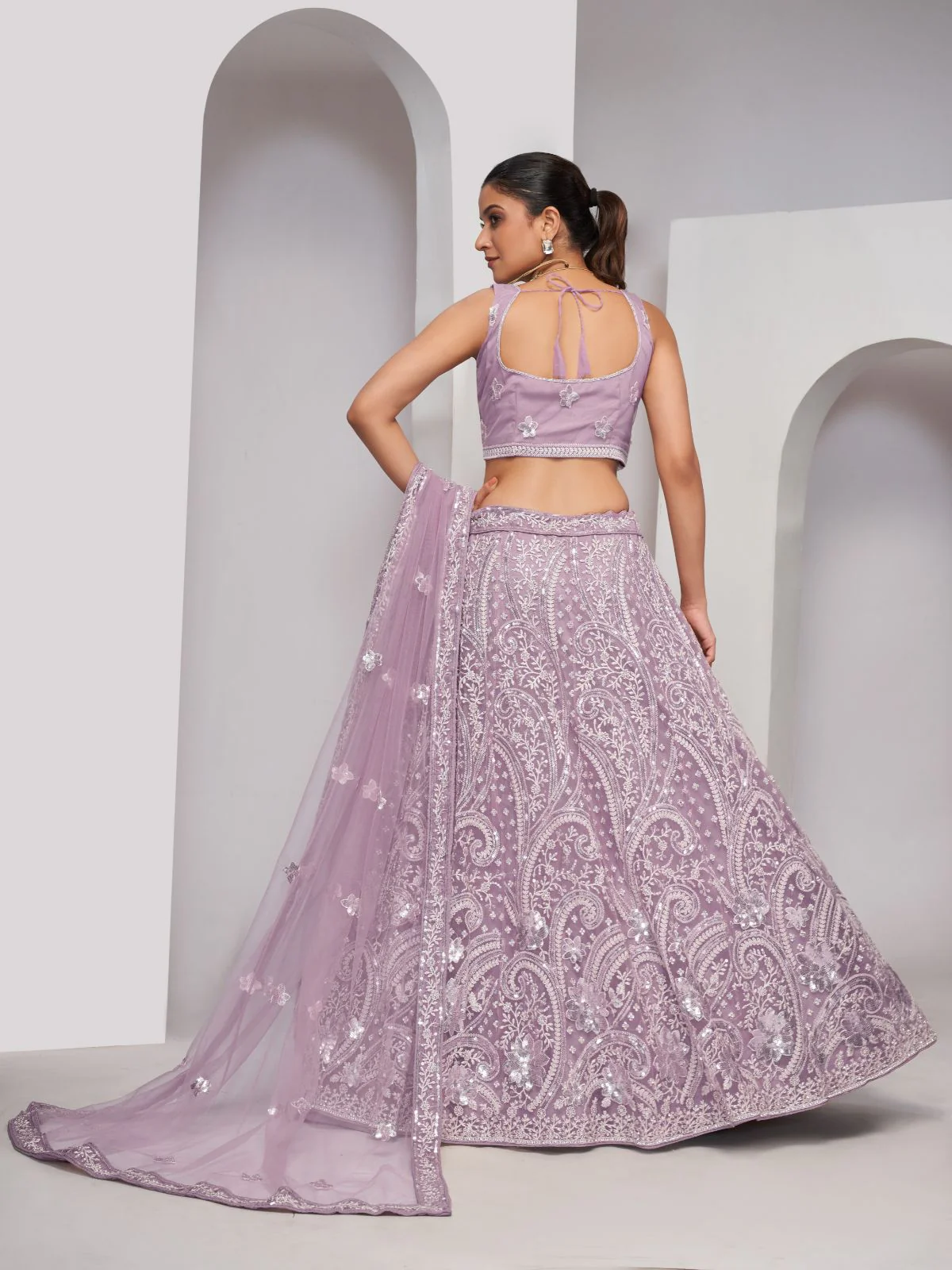 Odette Mauve Soft Net Embroidered Semi Stitched Lehenga With Unstitched Blouse For Women - Image 5